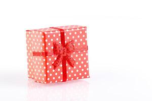 beautiful new year red gift boxes on white background photo