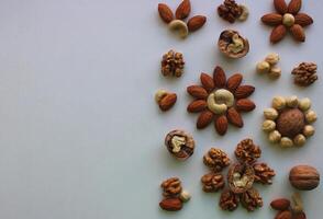 Half of the image is hidden by a mix of clean dried kernels nuts in a shape of flowers photo