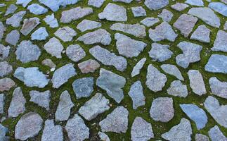 Old mossy walking path paved with granite stock photo for ancient foundation backgrounds