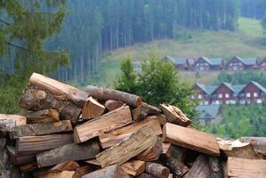Chopped Logs For Heating And Timber Houses Visible In The Distance On A Forest Slope photo