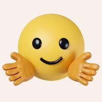 3d Hugging emoji. Emoticon giving a hug. Happy yellow face with open hands and smiling eyes. icon isolated on gray background. 3d rendering illustration. Clipping path. photo