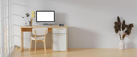 3D render of interior modern living room workspace with desk and desktop computer. Home office is a safe place to work. photo