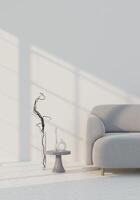 Scandinavian living room with gray armchair on empty white wall background. 3d rendering illustration photo