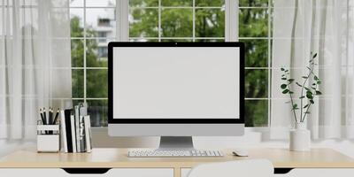 Creative workspace with computer blank screen mockup is on a table in a modern minimal home office. 3d rendering. photo
