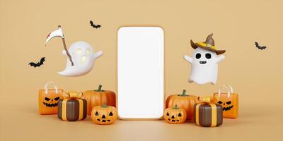 Halloween sale banner template. Festive banner with 3d spooky pumpkins, smartphone, ghost and bat. copy space. 3d render. photo