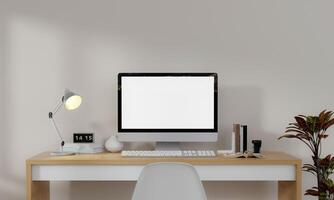 Workplace, computer with blank empty white screen display monitor on desk. Mock up, copy space. Home office concept. Business, working from home, studying, e-learning, web site concept. 3D rendering photo