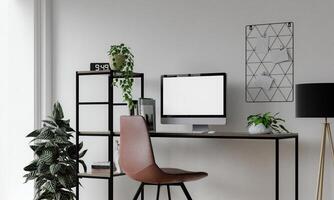 PC mockup of blank white screen in contemporary workspace with computer, tablet and phone on black desk and white wall in front view. 3D rendering photo
