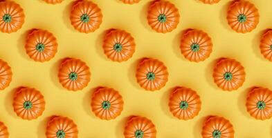 3d pumpkins pattern on yellow background for Halloween. Happy Halloween concept. Traditional October holiday. copy space. 3d render. photo