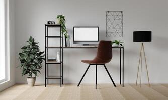PC mockup of blank white screen in contemporary workspace with computer, tablet and phone on black desk and white wall in front view. 3D rendering photo
