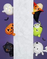 3d Halloween character with paper for text. Happy Halloween concept. Traditional october holiday. copy space. 3d render. photo