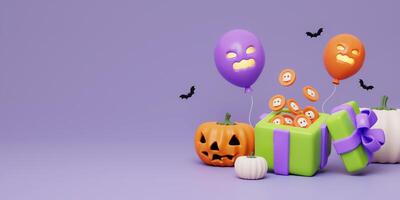 3d Halloween give box with coin, balloon, pumpkin and bat on purple background. Happy Halloween concept. Traditional october holiday. copy space. 3d render. photo