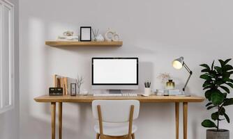 Workplace, computer with blank empty white screen display monitor on desk. Mock up, copy space. Home office concept. Business, working from home, studying, e-learning, web site concept. 3D rendering photo