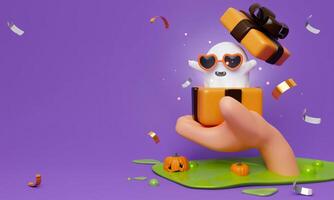 Happy Halloween Festiv. hand hold ghost emerges from a gift box with balloon and pumpkin on purple background. Holiday Hallows' Eve or Saints' Eve. copy space. 3d render. photo
