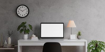 Minimalist workspace with a laptop mockup on a table in a minimal office. 3d render illustration photo