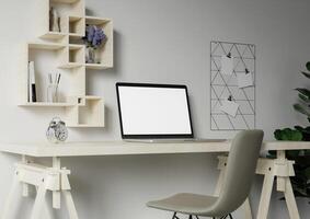 Minimalist workspace with a laptop mockup on a table in a minimal office. 3d render illustration photo
