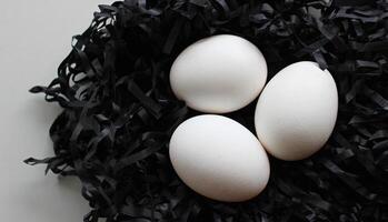 Shavings Nest With Three Clean White Chicken Eggs On Clean White Surface photo