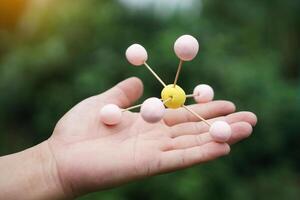 Closeup hand hold DIY molecule structure made from toothpicks and plasticine for teaching. Concept, teaching aids, educational materials. science lesson about molecule. Creative task from learning. photo