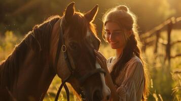 Portrait woman petting an horse, field background photo