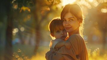 Portrait woman with her child, nature background photo