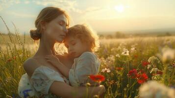 Portrait woman with her child, nature background photo