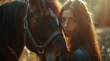 Portrait woman petting an horse, field background photo