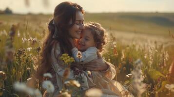 Portrait woman with her child, nature background photo