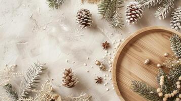 Top view a wooden round plate and branches christmas trees, Boho Decor photo