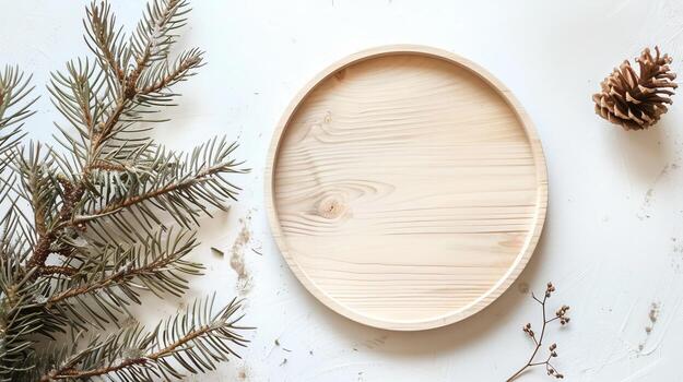 Top view a wooden round plate and branches christmas trees, Boho Decor photo