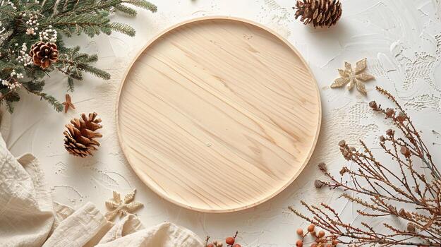 Top view a wooden round plate and branches christmas trees, Boho Decor photo