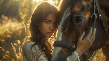 Portrait woman petting an horse, field background photo