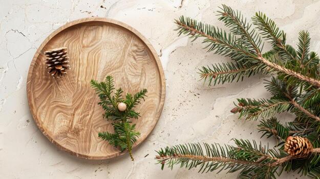 Top view a wooden round plate and branches christmas trees, Boho Decor photo