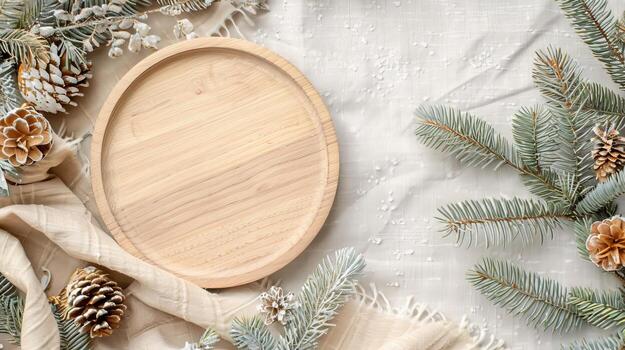 Top view a wooden round plate and branches christmas trees, Boho Decor photo