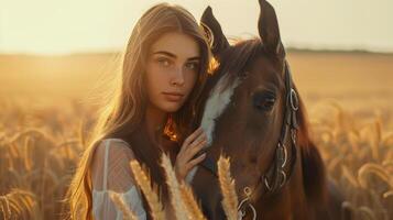 Portrait woman petting an horse, field background photo