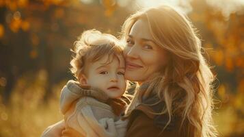 Portrait woman with her child, nature background photo