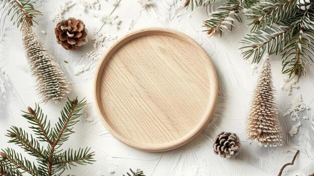 Top view a wooden round plate and branches christmas trees, Boho Decor photo