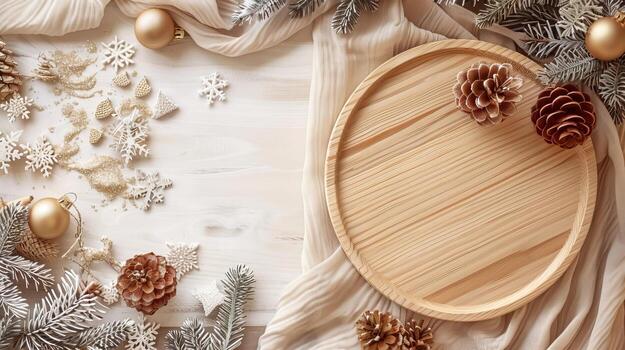 Top view a wooden round plate and branches christmas trees, Boho Decor photo
