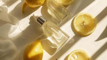 Top view a glass set bottles of skincare essence and slices lemon photo