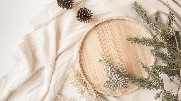 Top view a wooden round plate and branches christmas trees, Boho Decor photo