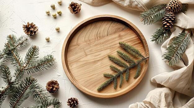 Top view a wooden round plate and branches christmas trees, Boho Decor photo