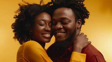 An african couple dances a happy dance together, isolated yellow background photo