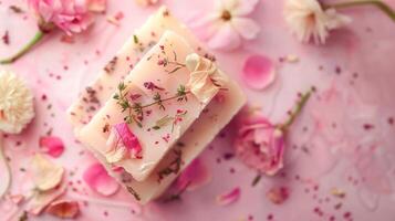 Homemade soap set with herbs, top view, pastel background photo