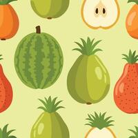 A vibrant pattern featuring various tropical fruits with stylized shapes on a light green background. Perfect for fresh, lively design projects vector