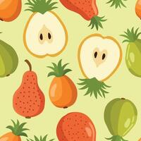 A vibrant pattern featuring various tropical fruits with stylized shapes on a light green background. Perfect for fresh, lively design projects vector