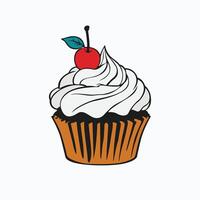 A cupcake with a white frosting swirl, a red cherry on top, and a black and white striped wrapper vector