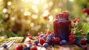 Jam jar with berries on a wooden table, background pasture concept design photo