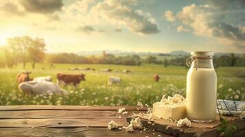 Fresh dairy products on a wooden table, background pasture and farm concept design photo