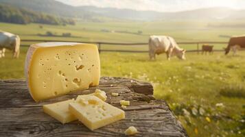 Fresh dairy products on a wooden table, background pasture and farm concept design photo