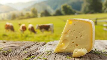 Fresh dairy products on a wooden table, background pasture and farm concept design photo