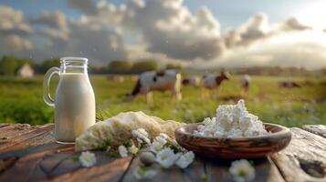 Fresh dairy products on a wooden table, background pasture and farm concept design photo