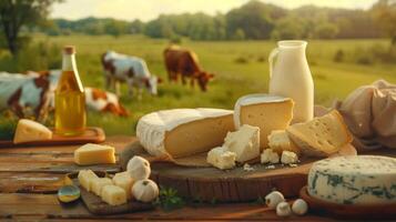 Fresh dairy products on a wooden table, background pasture and farm concept design photo